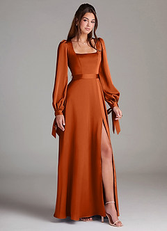 Azazie Leonia Bridesmaid Dresses Burnt Orange A-Line Long Sleeve Stretch Satin Dress image3