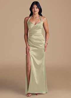 Azazie Emeria Bridesmaid Dresses Moss Green Sheath Side Slit Metallic Satin Dress image1
