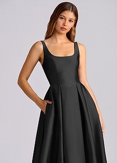 Azazie Amalie Bridesmaid Dresses Black A-Line Pleated Stretch Satin Dress image2