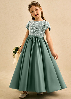 Azazie Cashew Flower Girl Dresses Eucalyptus Ball-Gown with Sleeves Matte Satin Dress image3
