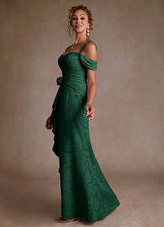 Azazie Irene Mother of the Bride Dresses Dark Green A-Line Off the Shoulder Floral Burnout Dress image2