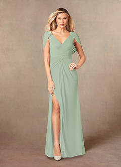 Azazie Luisa Mother of the Bride Dresses Dusty Sage Mermaid V-Neck Pleated Mesh Dress image1