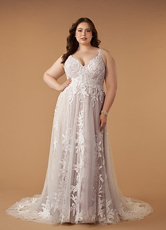 Azazie Delaina Vestidos de novia Vestido de Blanco Diamante Cocoa de Tul de Corte en A con Lentejuelas cuello pico image13