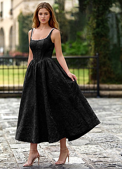 Sephone Black Square Neck Pearl Corset Midi Dress image3