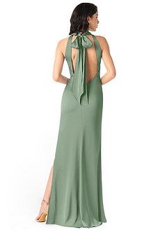 Azazie x Delaney Vestidos de damas de honor Vestido de Matcha de Satén Elástico de Corte Recto con Cuello Alto image4