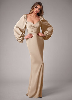 Azazie Sonata Bridesmaid Dresses Taupe Sheath Long Sleeve Stretch Satin Convertible Dress image5