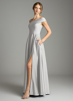 Azazie Melanie 신부 들러리 드레스 A라인 오프 더 숄더 스트레치 새틴 바닥 길이 드레스 image4