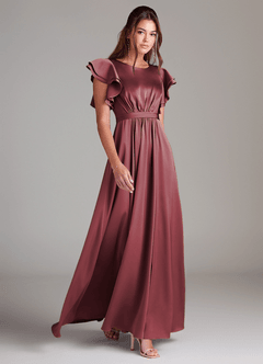 Azazie Daphne Robes de demoiselle d'honneur modestes Robe Trapèze Rayé Longueur ras du sol Satin extensible image1