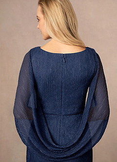 Azazie Paige Mother of the Bride Dresses Dark Navy Sheath Pleated Cape Metallic Mesh Dress image5
