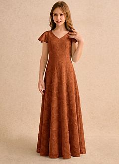 Azazie Narin Girls Formal Abiti da Ragazza di Fiori Abito A-Line in Burnout Floreale con Maniche Arancia Bruciata image3