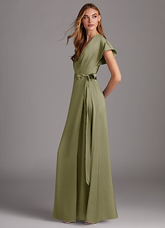 Azazie Nico Bridesmaid Dresses Pistachio A-Line V-Neck Stretch Satin Dress image2