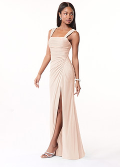 Azazie Jesaphine Bridesmaid Dresses Blushing Pink Sheath Ruched Mesh Dress image3