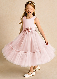 Azazie Miracle Robe Demoiselle D'honneur Fillette Robe Trapèze en Mat Satiné Arc Rose Pâle image4