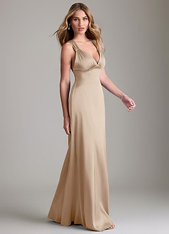 Azazie Cemion Final Sale Taupe A-Line Stretch Satin Dress image4