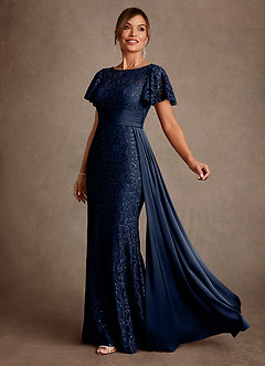 Azazie Harrison Moeder van de bruid jurken Zeemeermin Jurk van Kant Geplooid Donkere Marine image2