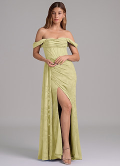 Azazie Amyra Jurken voor bruidsmeisjes Converteerbaar Jurk van Bloemen Burn-out met Zeemeermin Off the Shoulder Citroensorbet image1