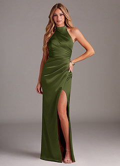 Azazie Jemma Bridesmaid Dresses Olive Sheath Pleated Stretch Satin Dress image1