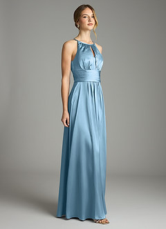 Azazie Bonnie Vestidos de damas de honor Vestido de Azul Acero de Satén Elástico de Corte en A con Plisado image4