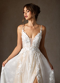 Azazie Monda Vestidos de novia Vestido de Blanco Diamante Champán de Tul de Corte en A con Encaje image6
