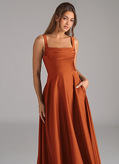 Azazie Shaude Bridesmaid Dresses Cinnamon A-Line Pleated Stretch Satin Dress image2