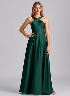 Azazie Dixie Bridesmaid Dresses Emerald A-Line Pleated Stretch Satin Dress image3