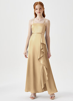 Azazie Kaylee Junior Robe Trapèze en Satiné métallisé avec ceinture Champagne image1