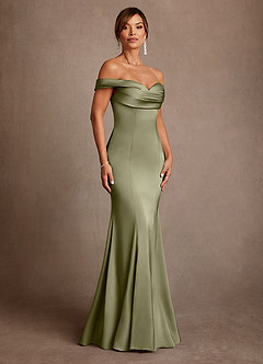 Azazie Boone Mother of the Bride Dresses Pistachio Mermaid Off the Shoulder Stretch Satin Dress image1