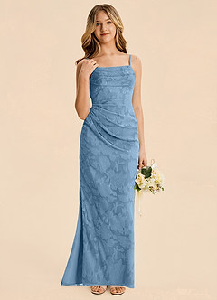 Azazie Mai Junior Steel Blue Sheath Ruched Floral Burnout Dress image3