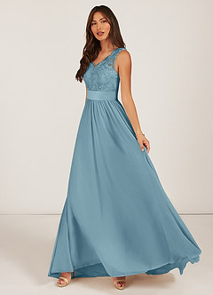 Azazie Gertrude Bridesmaid Dresses Moody Blue A-Line Lace Chiffon Dress image3