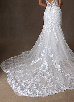 Azazie Selene Final Sale Diamond White Mermaid V-Neck Lace Dress image8
