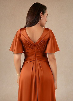 Azazie Emmeline Mother of the Bride Dresses Burnt Orange A-Line Pleated Stretch Satin Dress image4