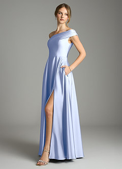 Azazie Melanie 신부 들러리 드레스 A라인 오프 더 숄더 스트레치 새틴 바닥 길이 드레스 image4