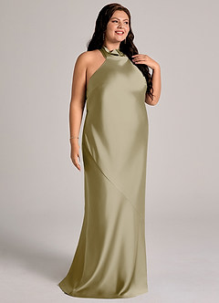 Azazie Velli Brudtärnklänningar Klä av Sjöjungfru i Stretch Satin Hög hals Mossgrön image12