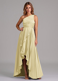Azazie Lyrica Bridesmaid Dresses Lemon Sorbet A-Line One Shoulder Stretch Satin Dress image1