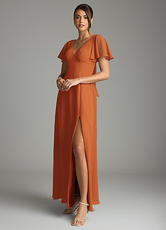 Azazie Kimber Vestidos de damas de honor Vestido de Canela de Gasa de Corte en A con Manga volante image4