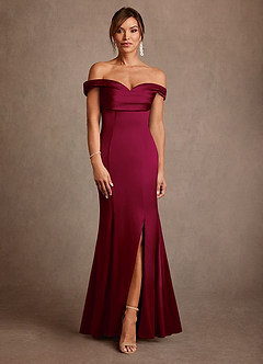 Azazie Boone Moeder van de bruid jurken Zeemeermin Jurk van Stretch Satijn Off the Shoulder Bourgondië image2