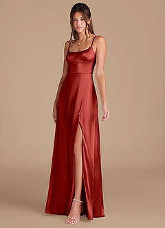 Azazie Halsey Bridesmaid Dresses Rust A-Line Side Slit Metallic Satin Dress image4