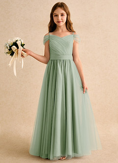 Azazie Yuna Junior Formal Flower Girl Dresses Dusty Sage A-Line Off the Shoulder Tulle Dress image3
