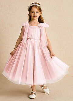 Azazie Dori Robe Demoiselle D'honneur Fillette Robe Trapèze en Tulle Rayé Rose Pâle image2
