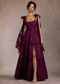 slim fit dress slacks Aurelia | Dark Plum High-Neck Wrapped Maxi Dress with One-Cape Sleeve main image 1