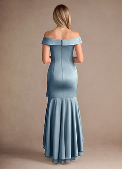 Azazie Billings Mère de la mariée Robes Robe Sirène en Satin extensible Épaule décolletée Bleu Poussiéreux image4