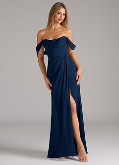 Azazie Johana Bridesmaid Dresses Dark Navy Mermaid Off the Shoulder Stretch Satin Convertible Dress image1