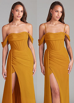 Azazie Amyra Bridesmaid Dresses Butterscotch Sheath Off the Shoulder Chiffon Convertible Dress image9