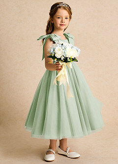 Azazie Serene Abiti da Ragazza di Fiori Abito Principessa in Raso Opaco Fiocco Verde Salvia image5