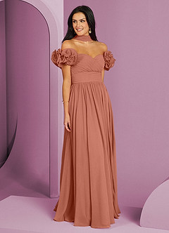 Barbie ♥ Azazie Suknie dla druhen Rozkloszowana sukienka z odkrytymi ramionami, falbaną i rozetkami image3