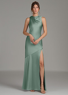 Azazie Kiara Bridesmaid Dresses Silver Sage Mermaid Pleated Stretch Satin Dress image1