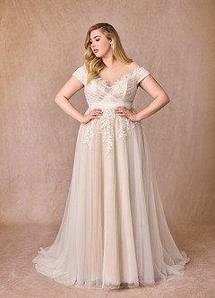 Azazie Cindy Wedding Dresses Diamond White Nude A-Line Illusion Off-The-Shouler Lace Tulle Dress image10