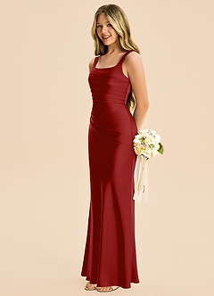 Azazie Agustina Junior Pomegranate Sheath Pleated Stretch Satin Dress image5