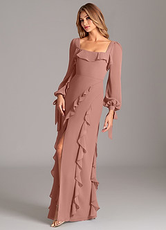 Azazie Candice 신부 들러리 드레스 A라인 긴팔 쉬폰 바닥 길이 드레스 image3