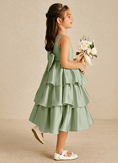 Azazie Margery Flower Girl Dresses Dusty Sage A-Line Bow Stretch Satin Dress image5